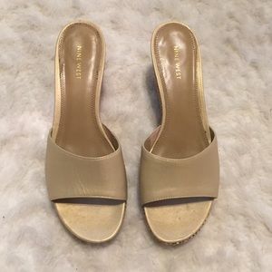 Open toe leather wedge slide sandals, size 8.5